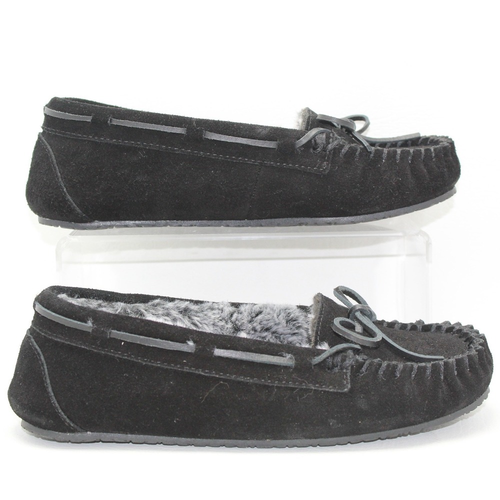 Minnetonka Cally Black Suede Faux Fur Lined Moccasin Slippers 40399 Womens 8M